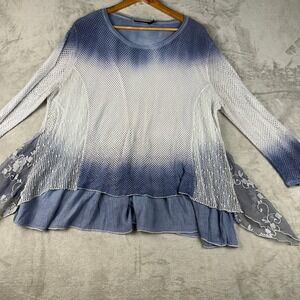 RADZOLI Tie Dye Mesh Layered Tunic Top Women 1X Blue White Sheer Flounce Hem